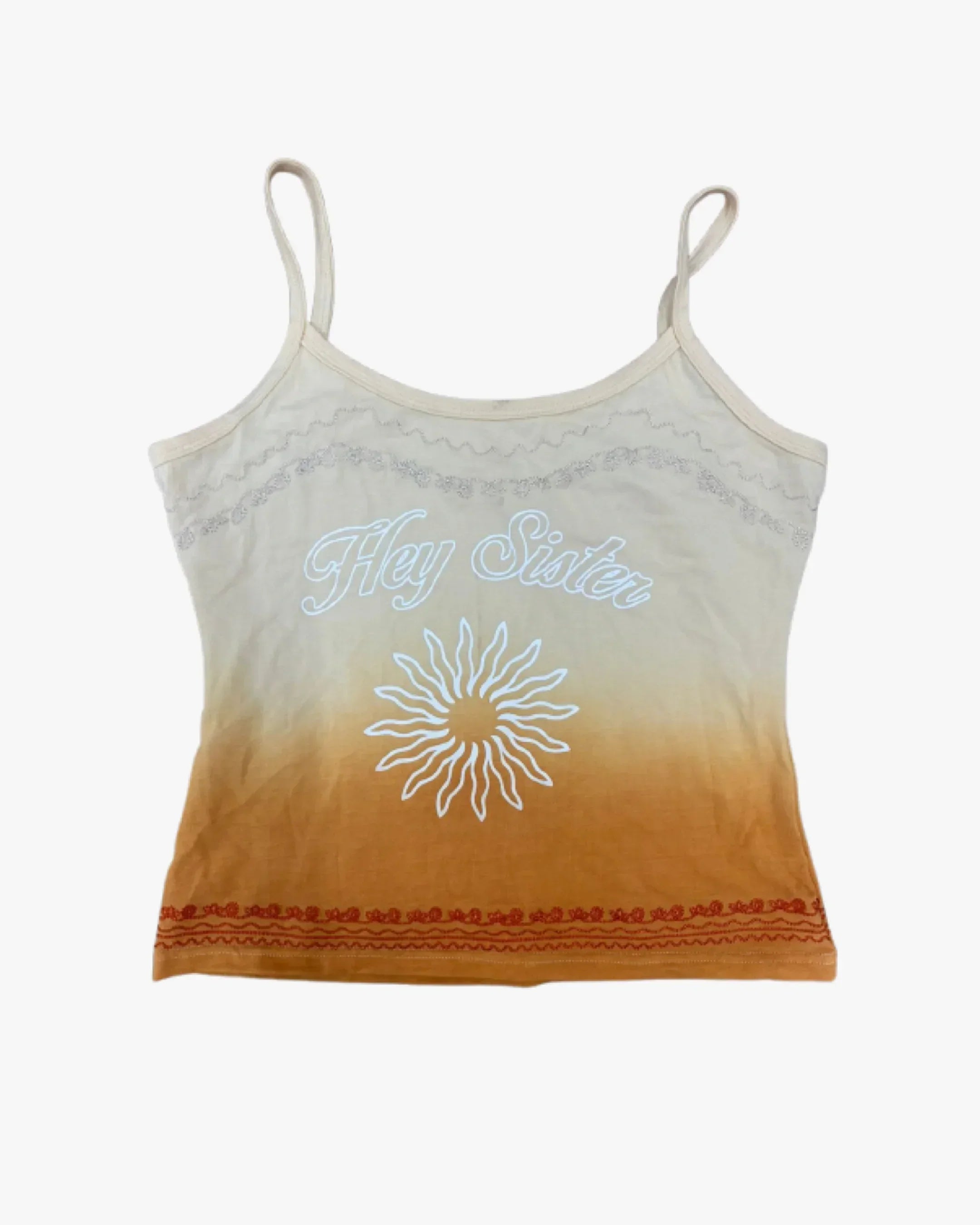 Beige and orange gradient sleeveless crop top with Hey Sister text and sun graphic, decorative stitch accents