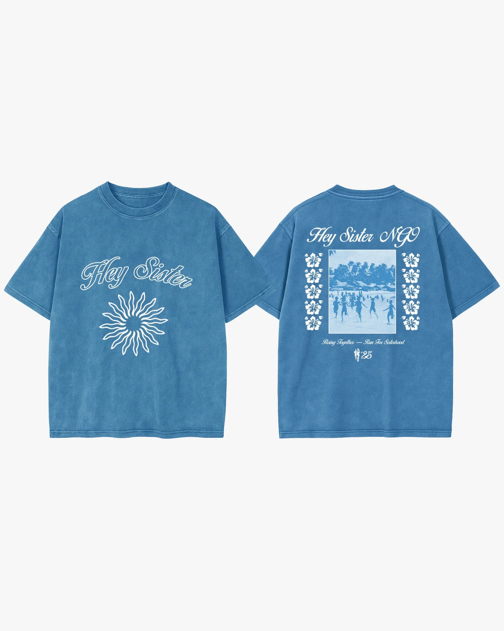 Blue Hey Sister NGO T-shirt with logo, sun graphic, and group photo print supporting girls’ education in Sri Lanka.