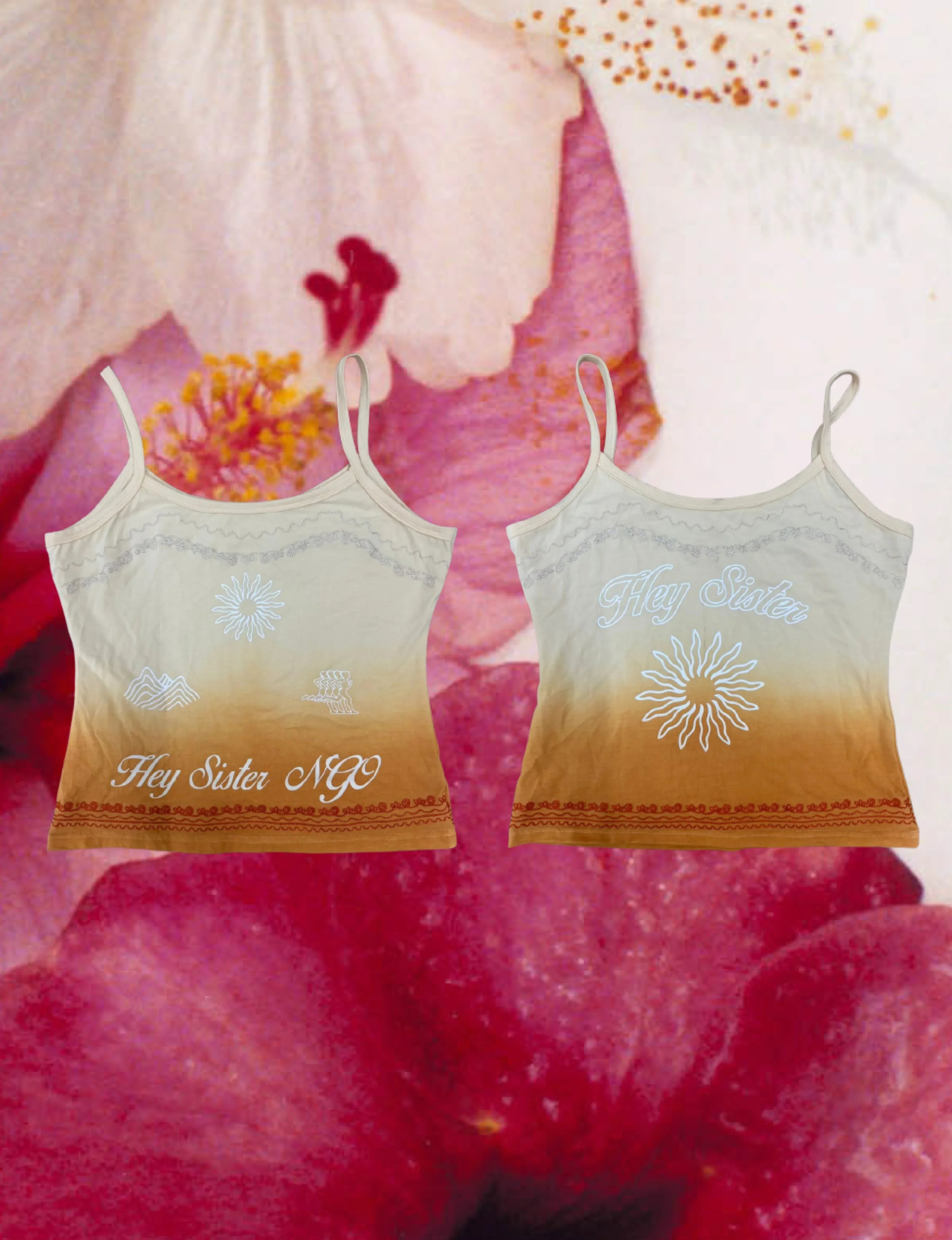 Front and back views of Hey Sister NGO women's beige and brown gradient cami tops with sun and mountain designs
