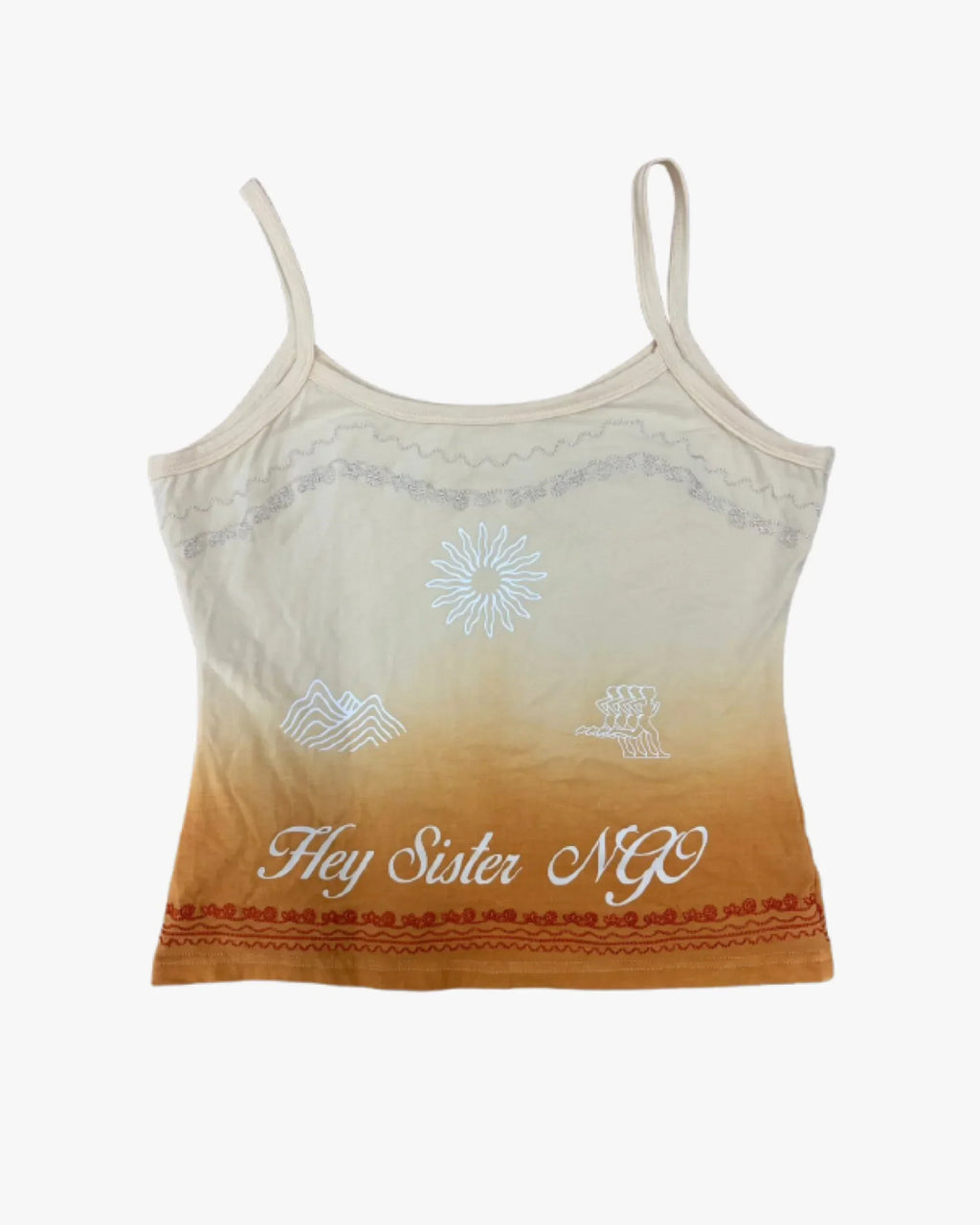 Hey Sister NGO beige and orange tank top with sun, mountain, and line art motifs